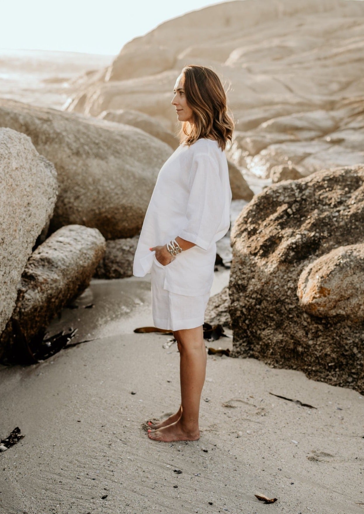 White pure linen top and pure linen shorts