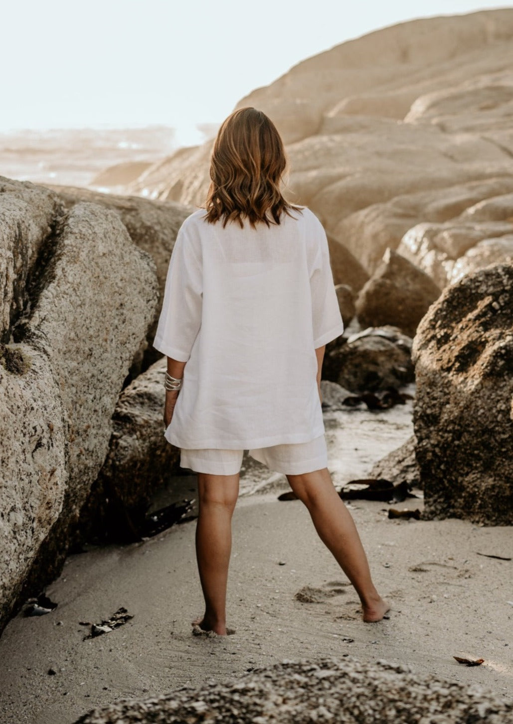 White pure linen top and pure linen shorts