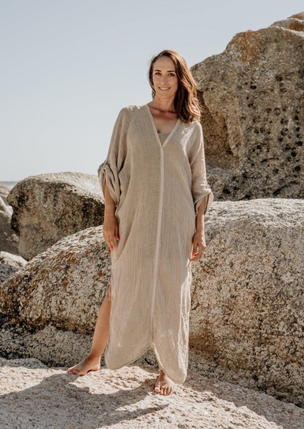 Pure flax linen mesh stone colour kaftan dress