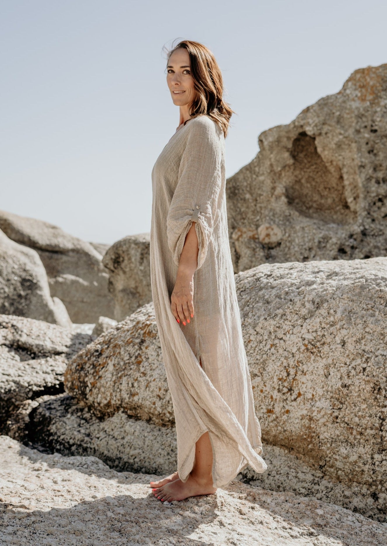 Pure flax linen mesh stone colour kaftan dress