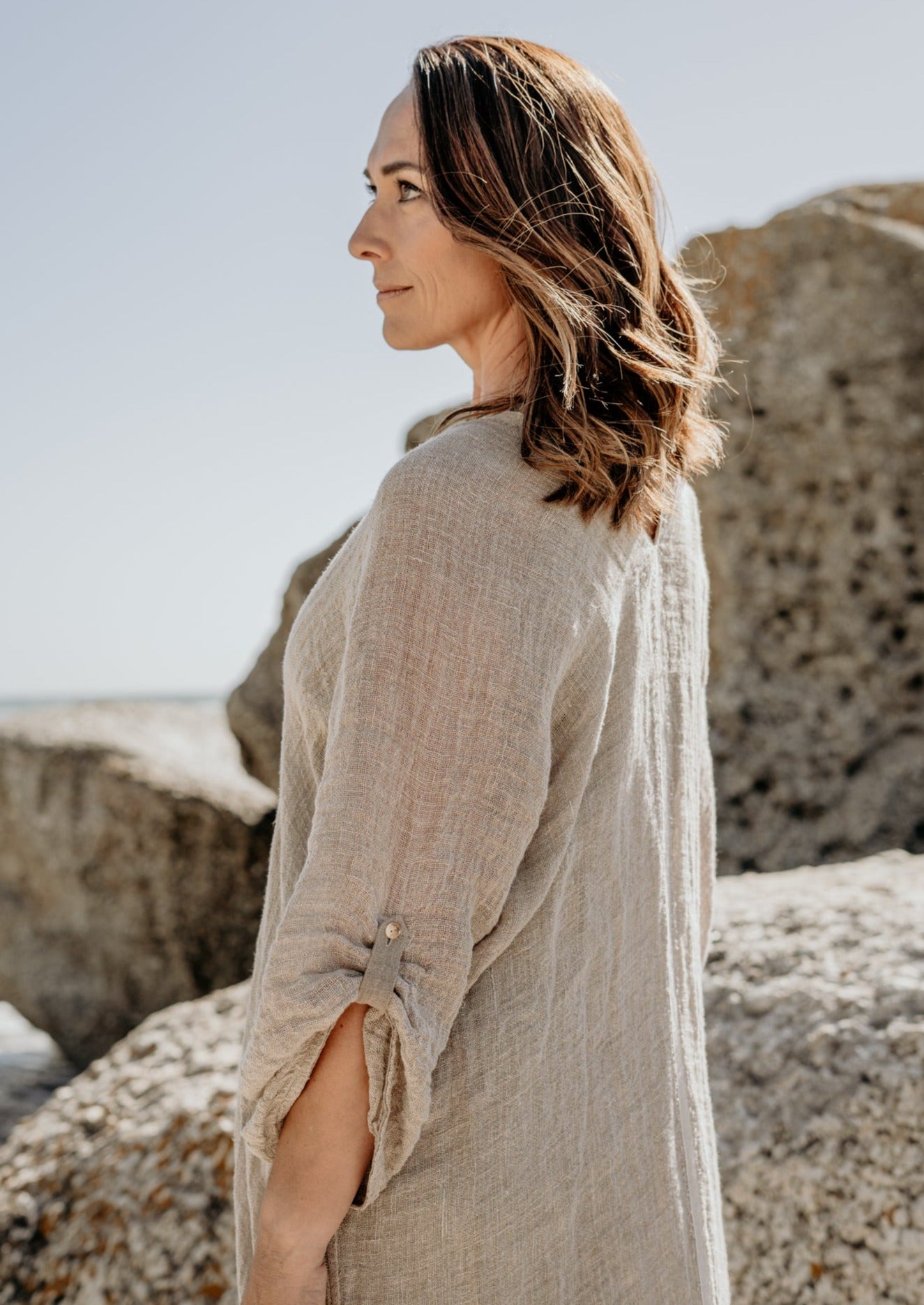 Pure flax linen mesh stone colour kaftan dress