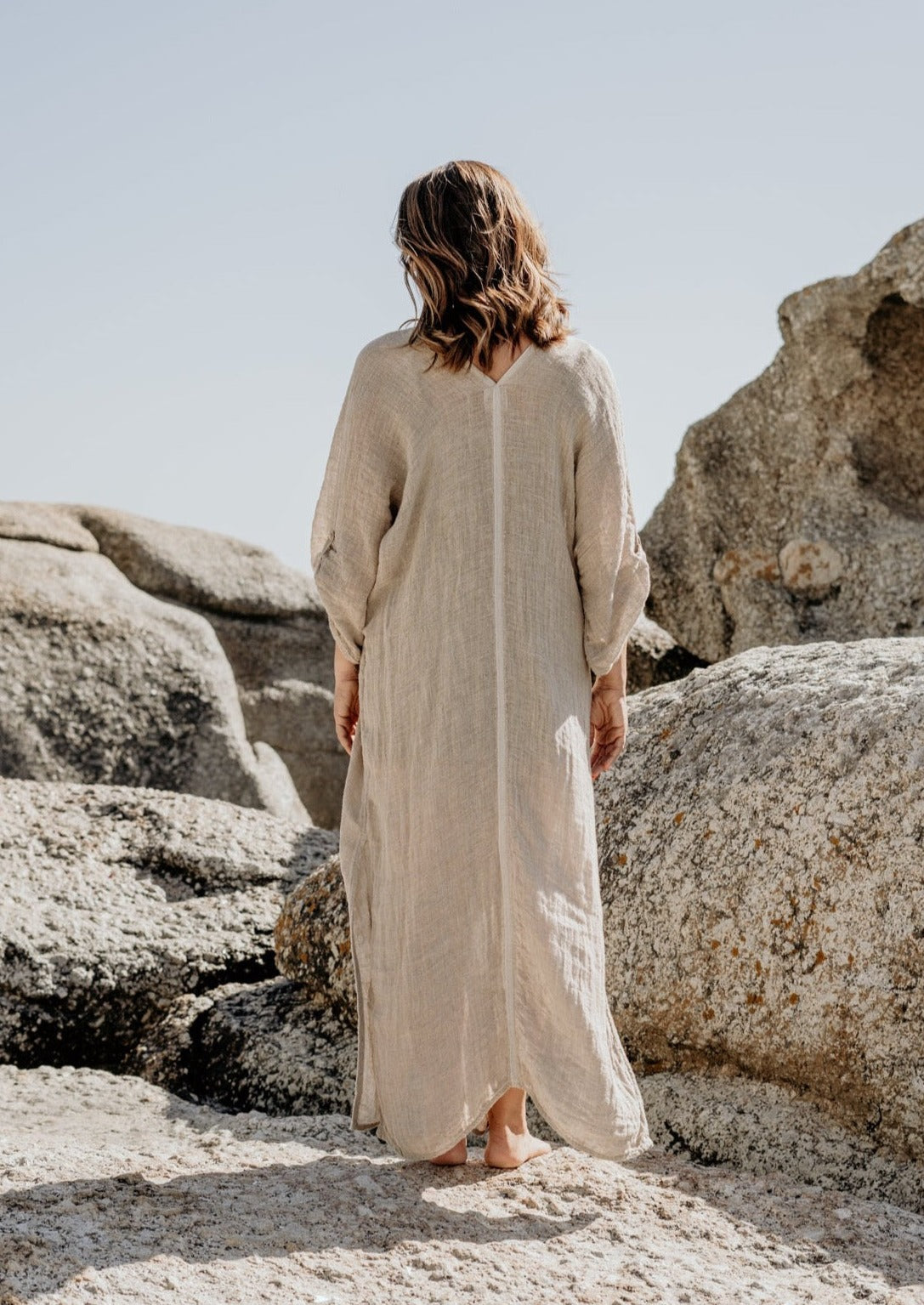 Pure flax linen mesh stone colour kaftan dress