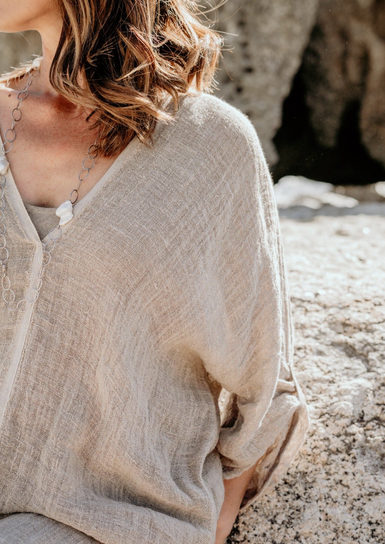Pure flax linen mesh stone colour kaftan dress