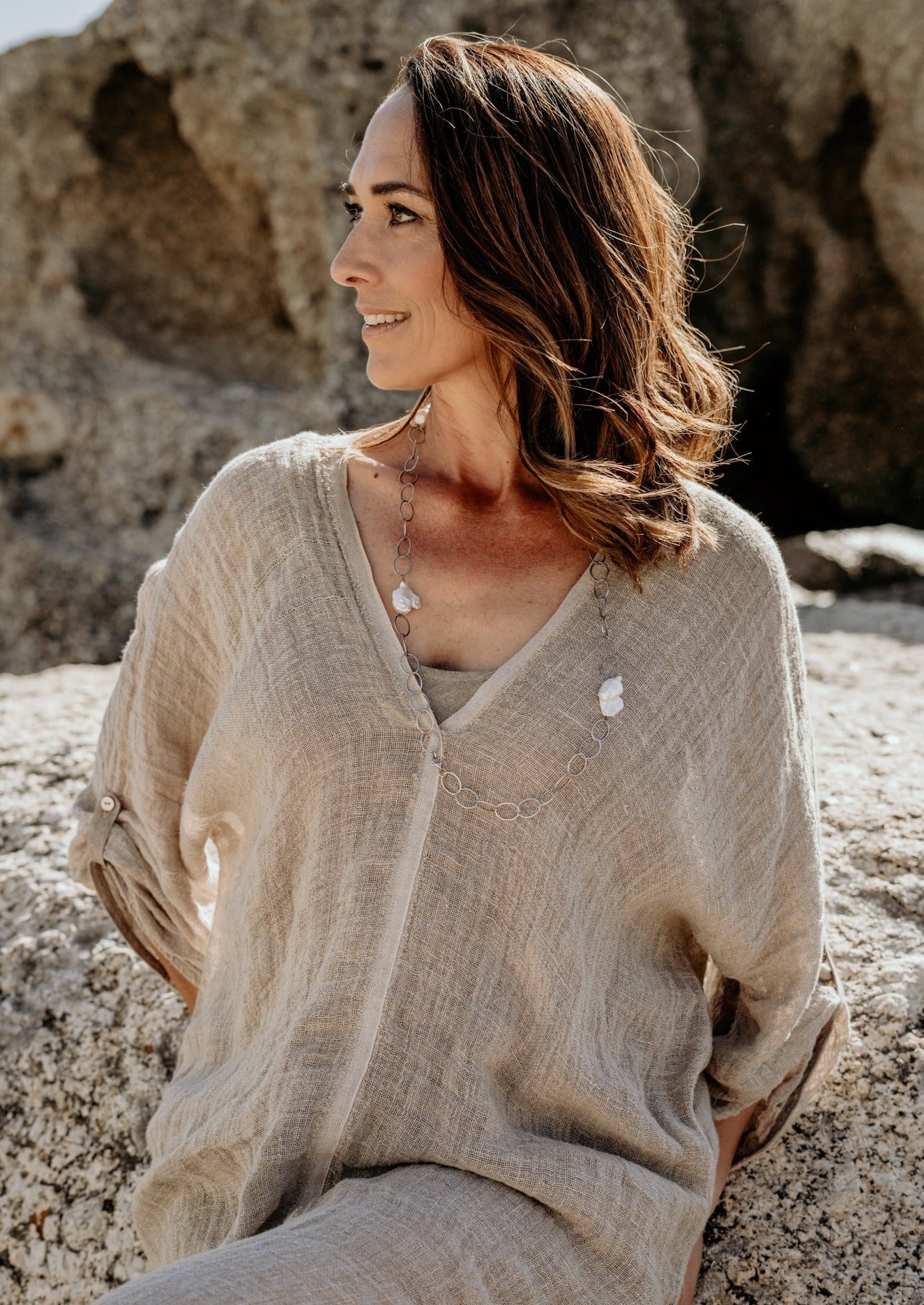 Pure flax linen mesh stone colour kaftan dress