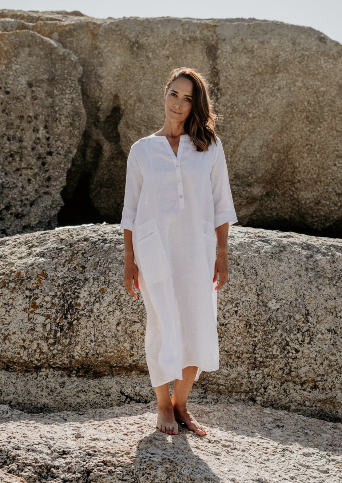 White pure linen long tunic dress with pockets