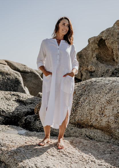 White pure linen long tunic dress with pockets