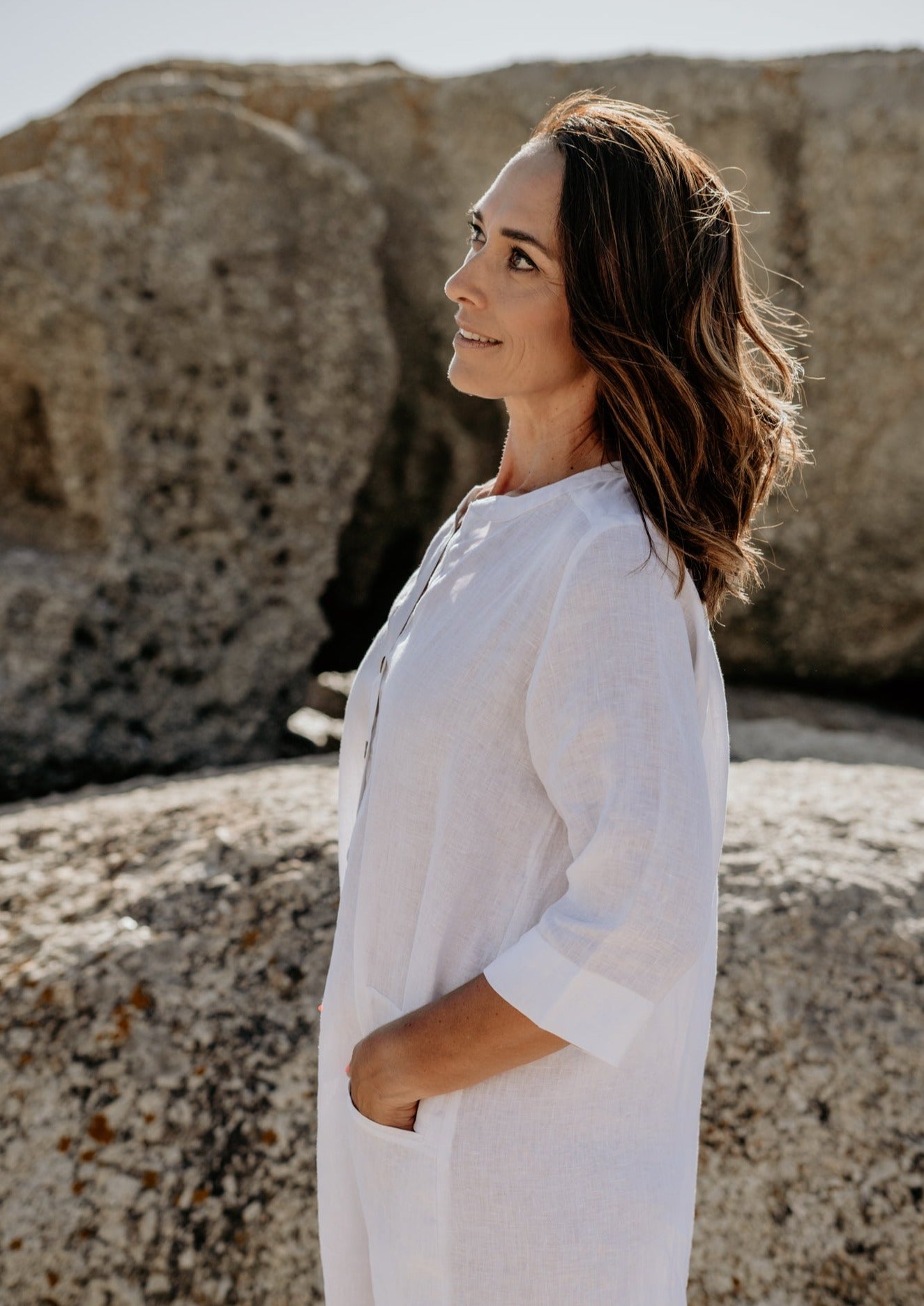 White pure linen long tunic dress with pockets