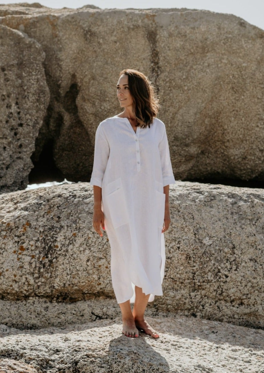 White pure linen long tunic dress with pockets