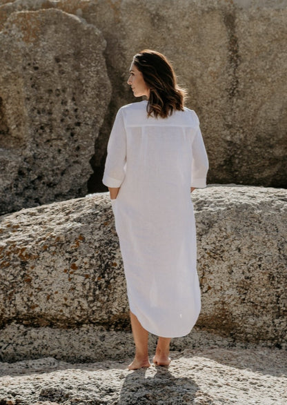 White pure linen long tunic dress with pockets