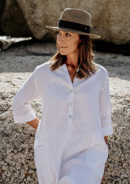 White pure linen long tunic dress with pockets