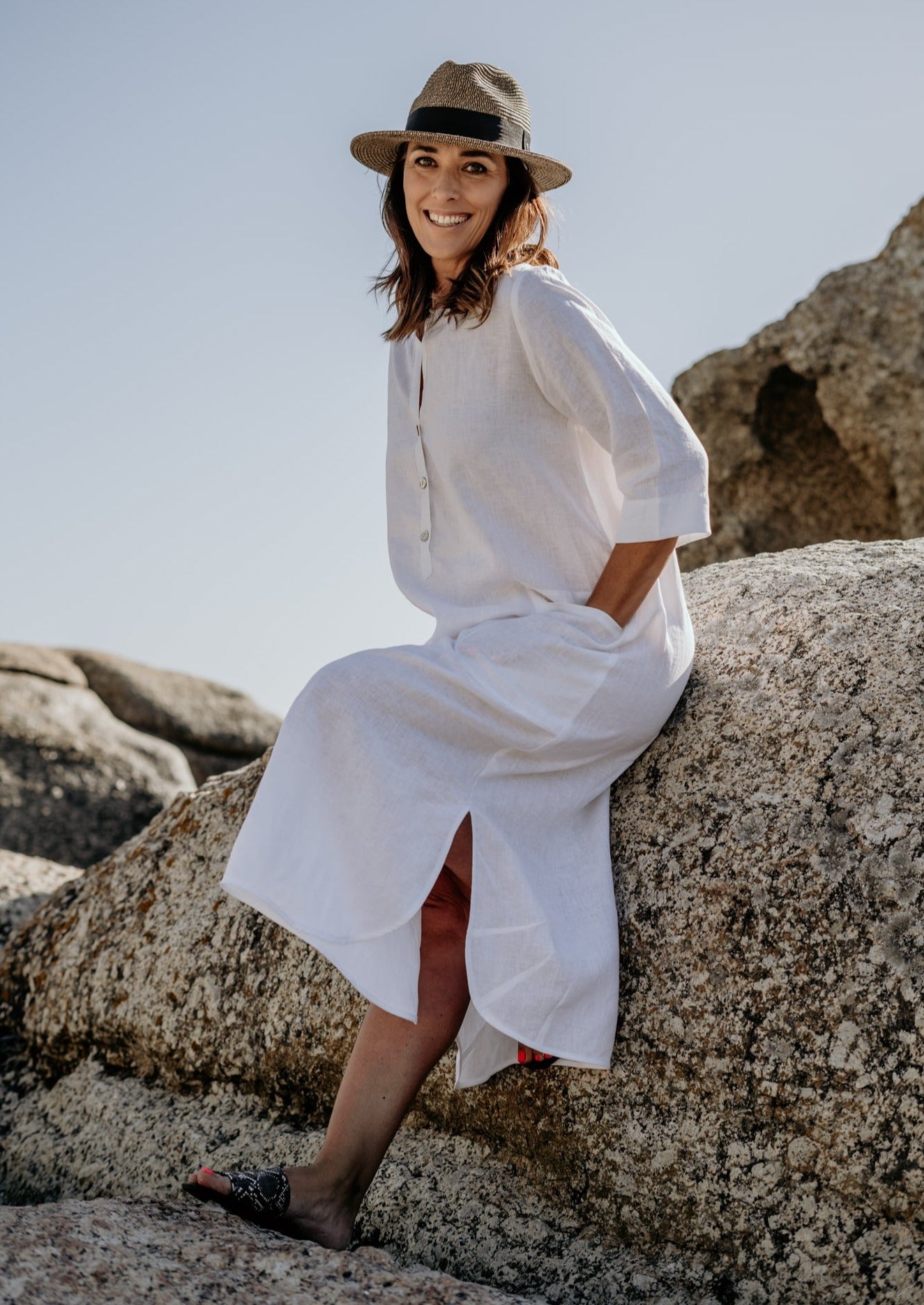 White pure linen long tunic dress with pockets