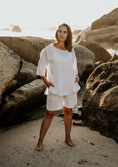 White pure linen top and pure linen shorts